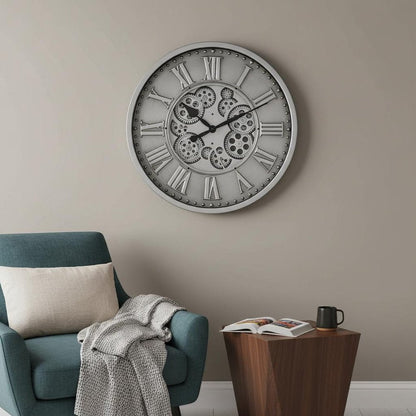 18" Silver And Black Iron Silent Skeleton Exposed Gear Round Wall Clock