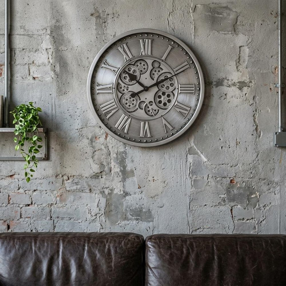 18" Silver And Black Iron Silent Skeleton Exposed Gear Round Wall Clock