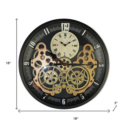 18" Black Gold And White Metal Silent Skeleton Exposed Gear Round Wall Clock HomeRoots