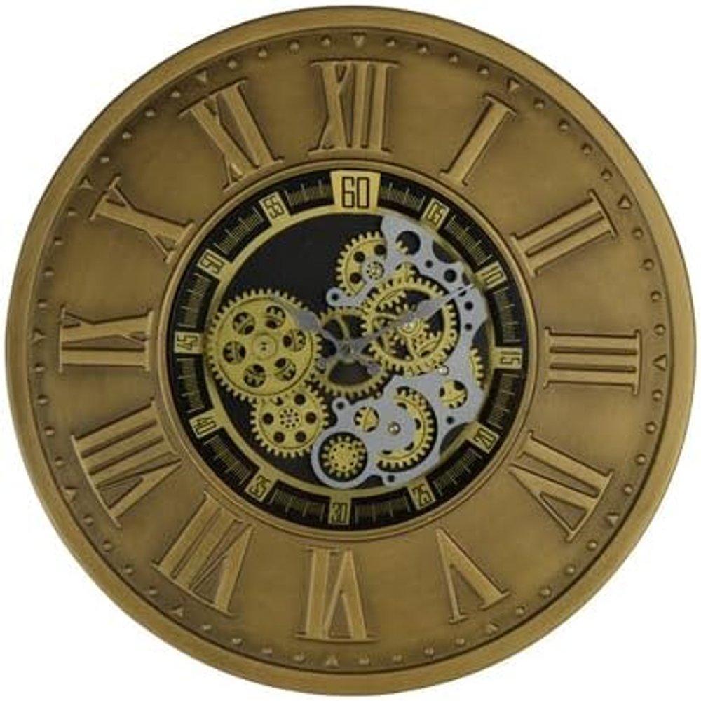 18" Black Gold And Silver Metal Silent Skeleton Exposed Gear Round Wall Clock HomeRoots