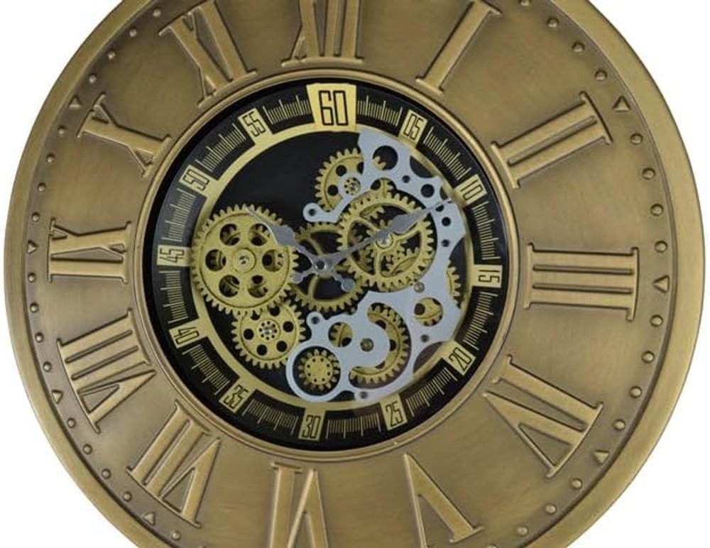 18" Black Gold And Silver Metal Silent Skeleton Exposed Gear Round Wall Clock HomeRoots