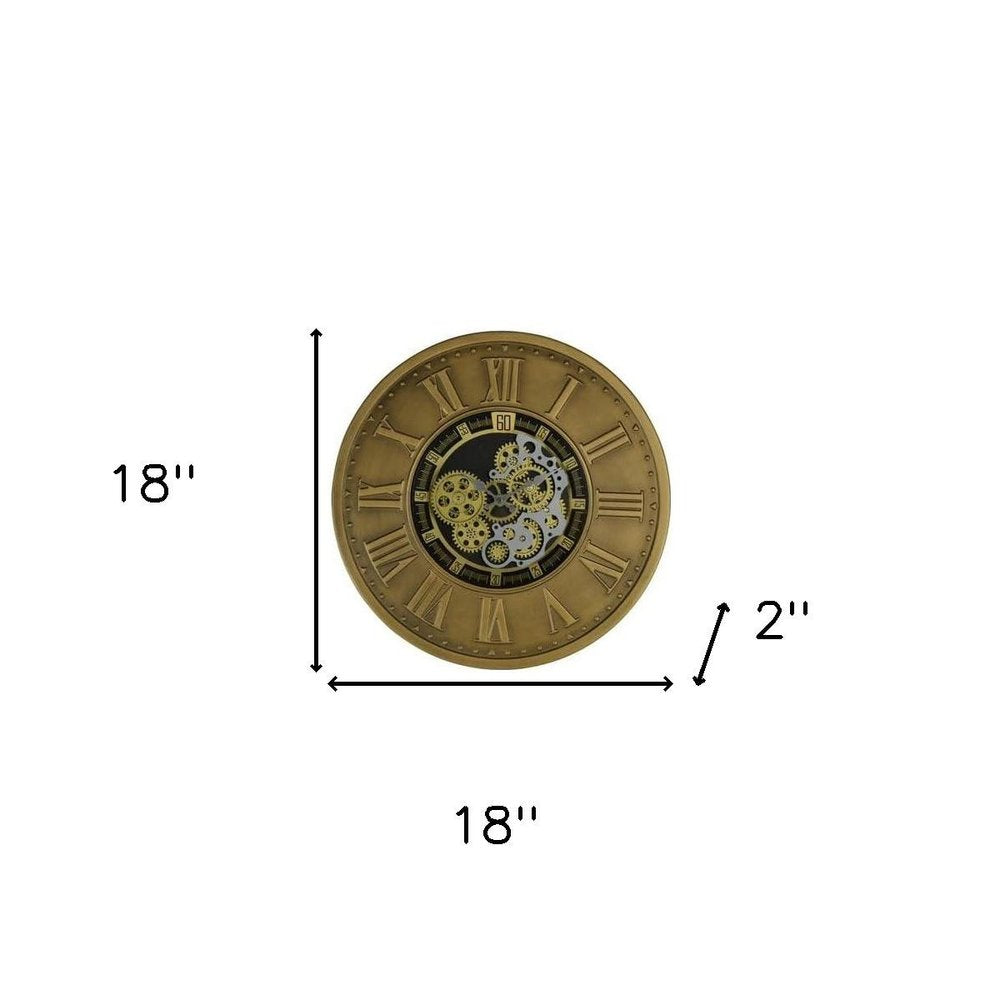 18" Black Gold And Silver Metal Silent Skeleton Exposed Gear Round Wall Clock HomeRoots