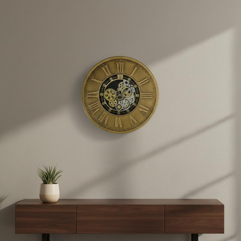 18" Black Gold And Silver Metal Silent Skeleton Exposed Gear Round Wall Clock HomeRoots