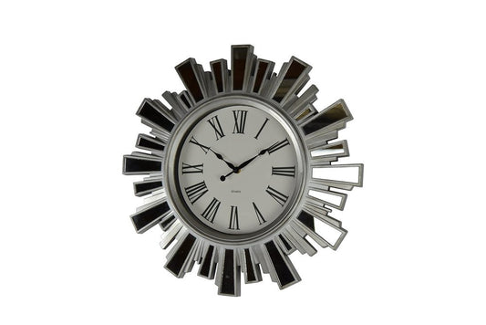 19" Silver And Clear Mirrored Glass And Heavy Duty Plastic Silent Analog Sunburst Wall Clock HomeRoots