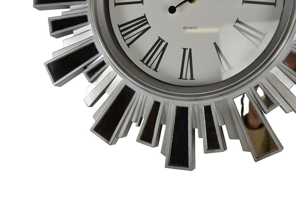 19" Silver And Clear Mirrored Glass And Heavy Duty Plastic Silent Analog Sunburst Wall Clock HomeRoots