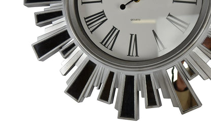 19" Silver And Clear Mirrored Glass And Heavy Duty Plastic Silent Analog Sunburst Wall Clock HomeRoots