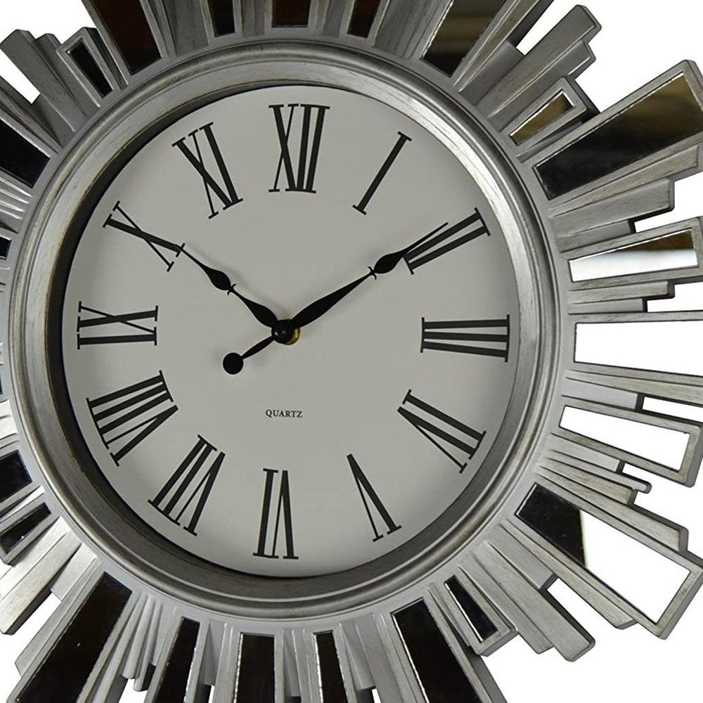 19" Silver And Clear Mirrored Glass And Heavy Duty Plastic Silent Analog Sunburst Wall Clock HomeRoots