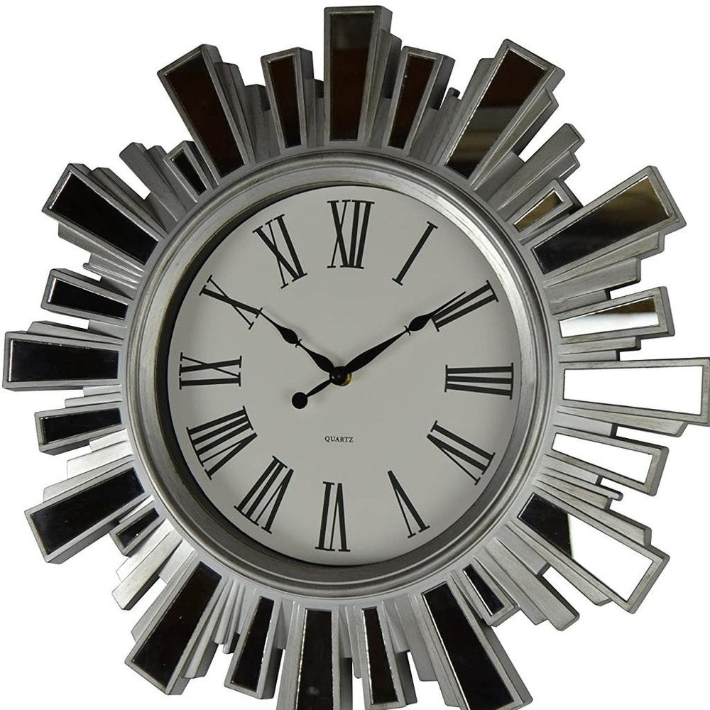 19" Silver And Clear Mirrored Glass And Heavy Duty Plastic Silent Analog Sunburst Wall Clock HomeRoots