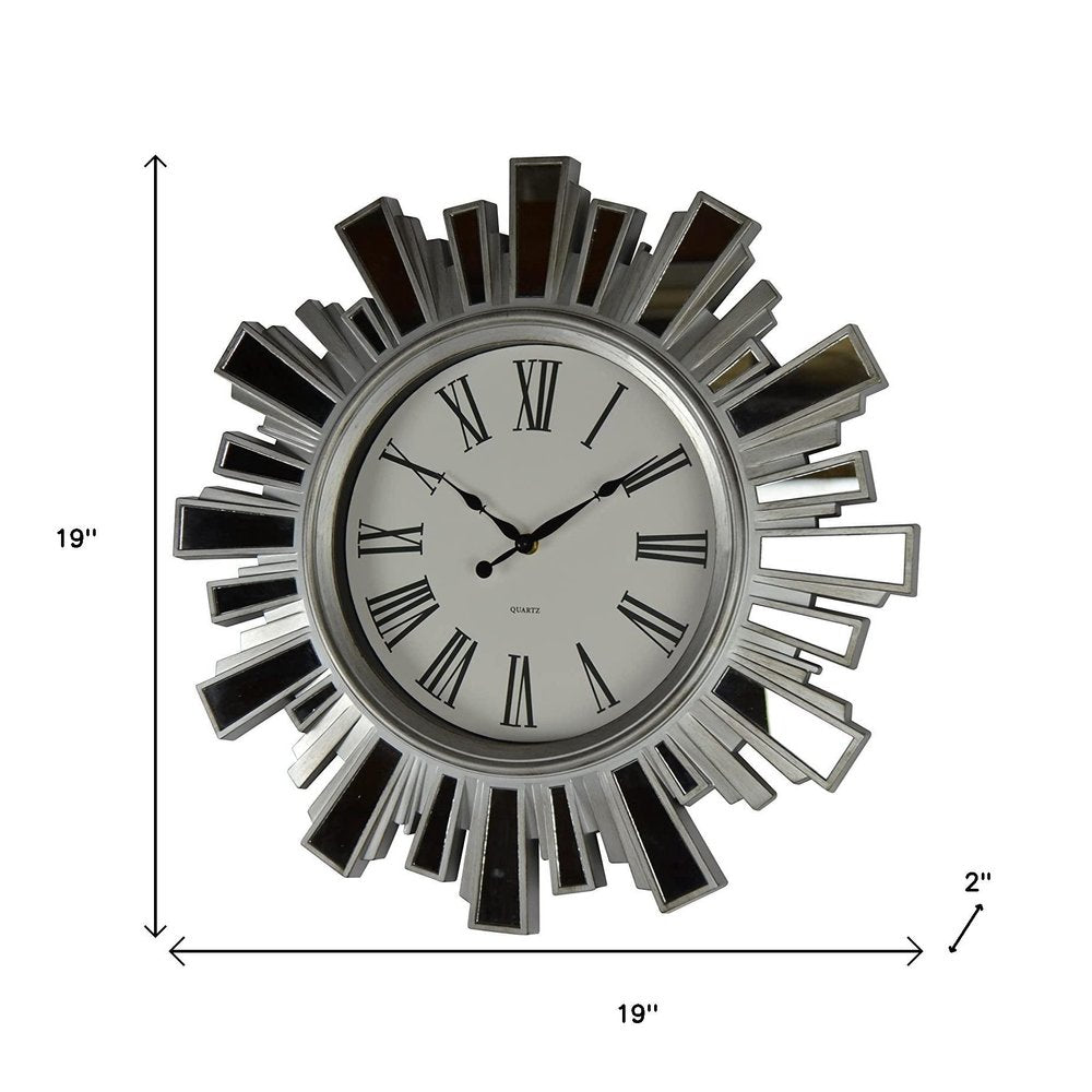 19" Silver And Clear Mirrored Glass And Heavy Duty Plastic Silent Analog Sunburst Wall Clock HomeRoots