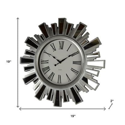 19" Silver And Clear Mirrored Glass And Heavy Duty Plastic Silent Analog Sunburst Wall Clock HomeRoots