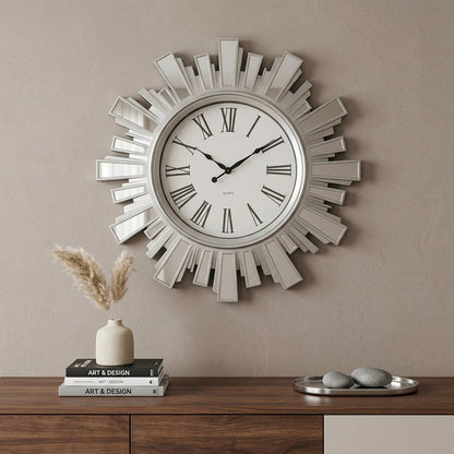 19" Silver And Clear Mirrored Glass And Heavy Duty Plastic Silent Analog Sunburst Wall Clock HomeRoots