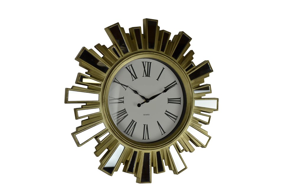 19" Gold And Clear Mirrored Glass And Heavy Duty Plastic Silent Analog Sunburst Wall Clock HomeRoots