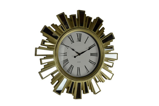 19" Gold And Clear Mirrored Glass And Heavy Duty Plastic Silent Analog Sunburst Wall Clock HomeRoots