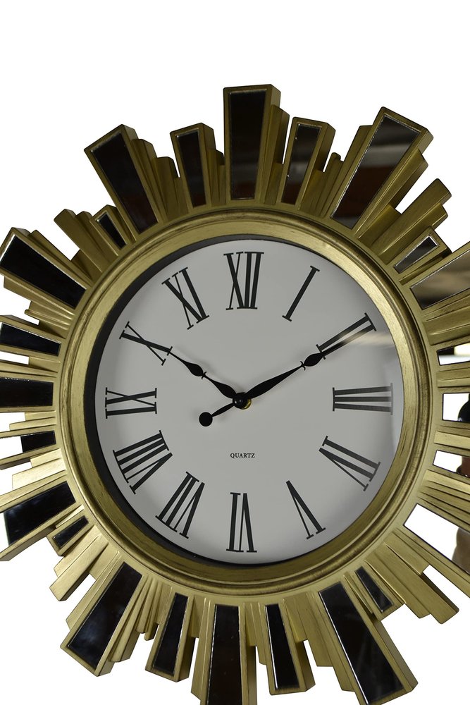 19" Gold And Clear Mirrored Glass And Heavy Duty Plastic Silent Analog Sunburst Wall Clock HomeRoots