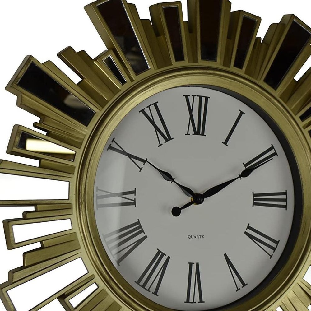 19" Gold And Clear Mirrored Glass And Heavy Duty Plastic Silent Analog Sunburst Wall Clock HomeRoots
