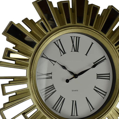 19" Gold And Clear Mirrored Glass And Heavy Duty Plastic Silent Analog Sunburst Wall Clock HomeRoots