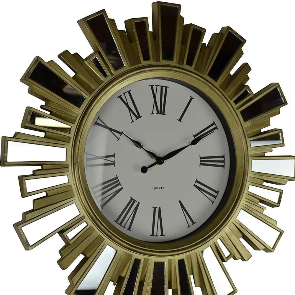19" Gold And Clear Mirrored Glass And Heavy Duty Plastic Silent Analog Sunburst Wall Clock HomeRoots