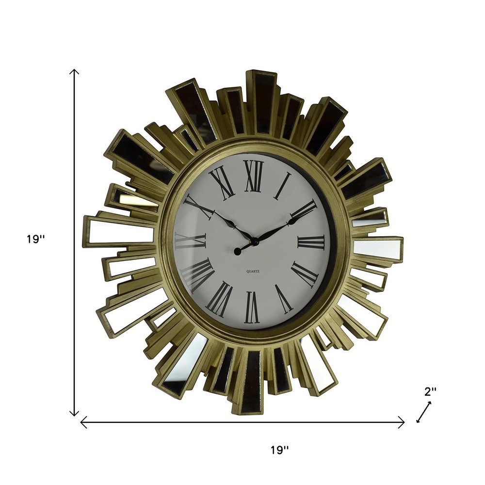 19" Gold And Clear Mirrored Glass And Heavy Duty Plastic Silent Analog Sunburst Wall Clock HomeRoots