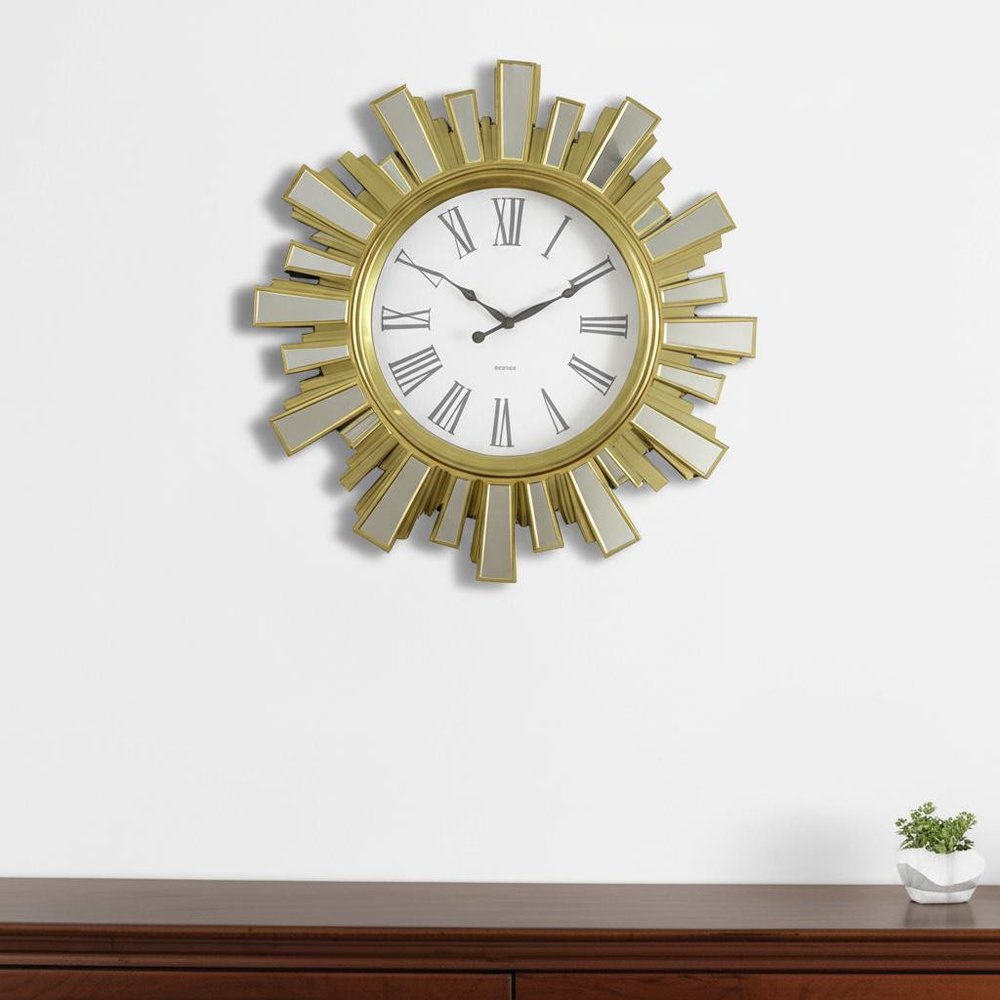 19" Gold And Clear Mirrored Glass And Heavy Duty Plastic Silent Analog Sunburst Wall Clock HomeRoots