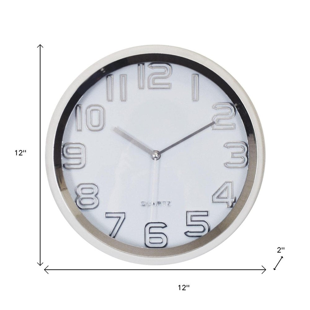 12" Silver And White Heavy Duty Plastic Silent Analog Round Wall Clock HomeRoots