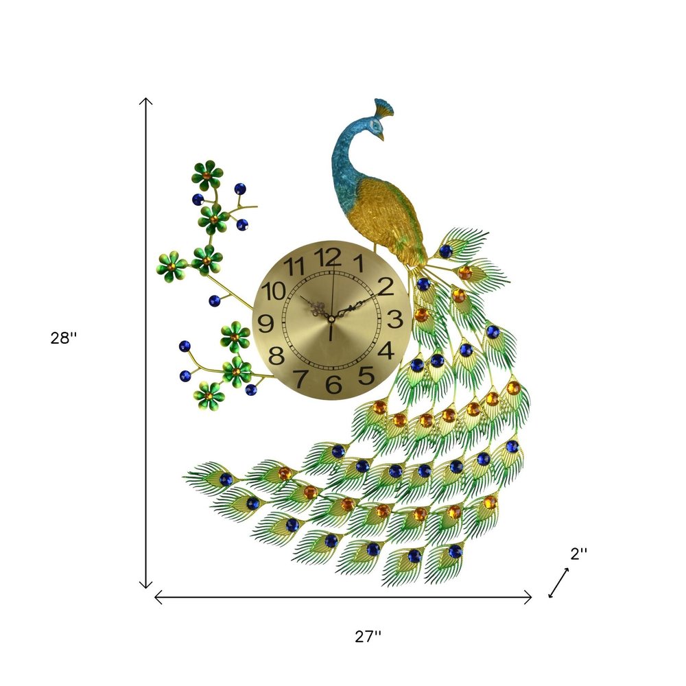 27" Gold Blue And Green Silent Analog Peacock Novelty Wall Clock — view 4