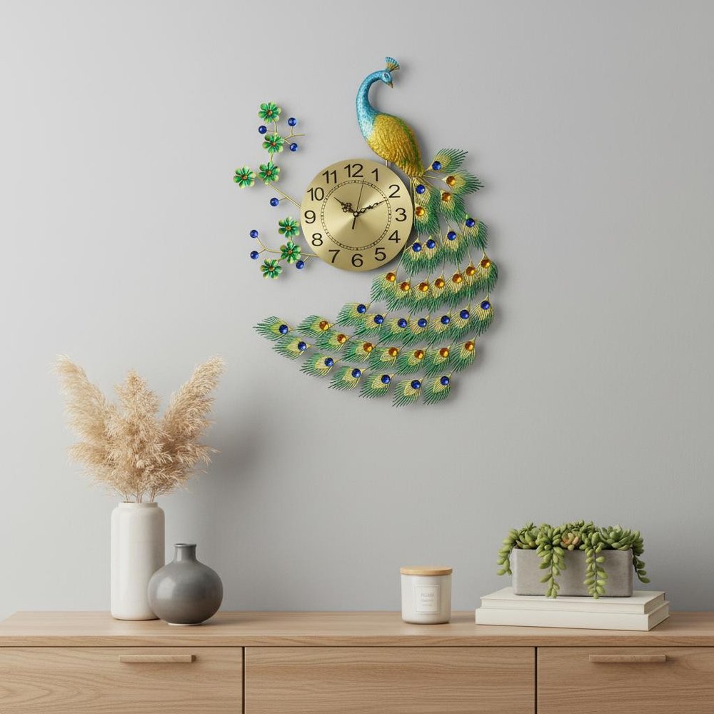 27" Gold Blue And Green Silent Analog Peacock Novelty Wall Clock — view 5