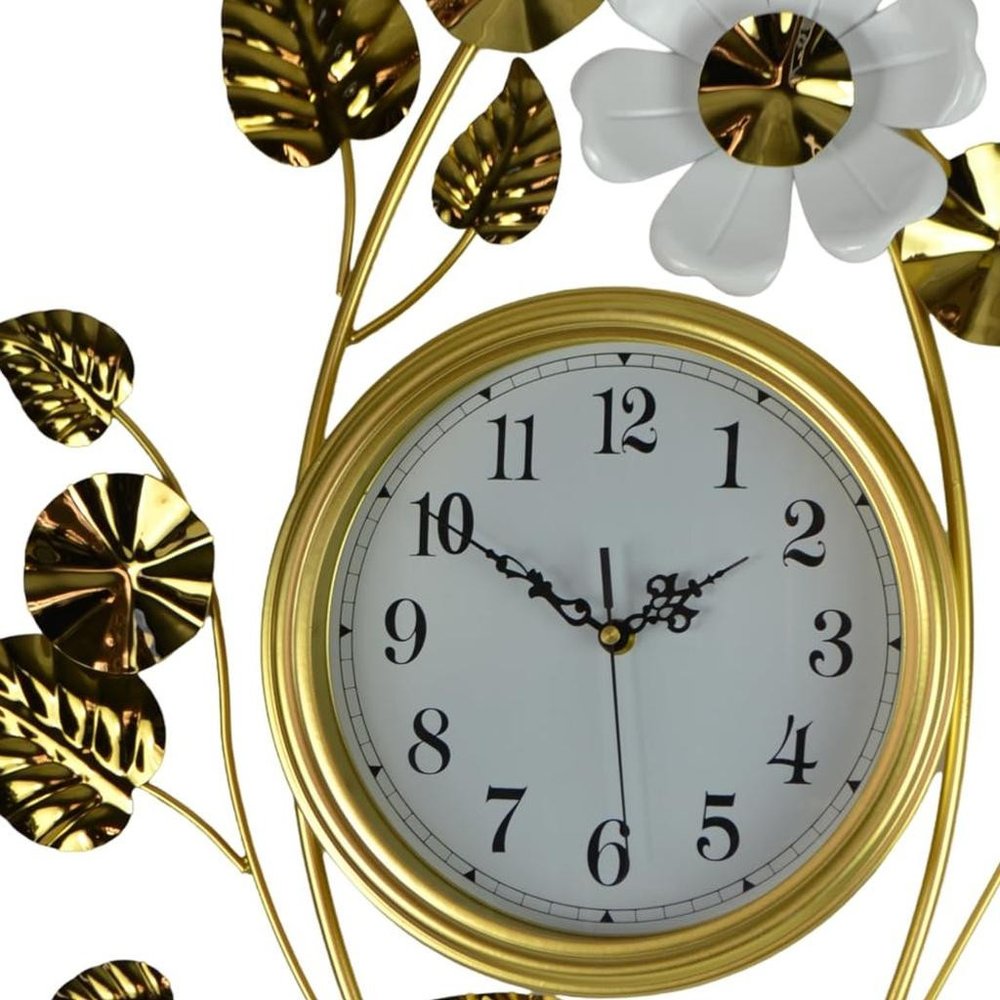 22" Gold And White Iron Silent Analog Floral Novelty Wall Clock HomeRoots
