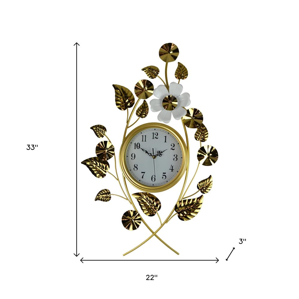 22" Gold And White Iron Silent Analog Floral Novelty Wall Clock HomeRoots