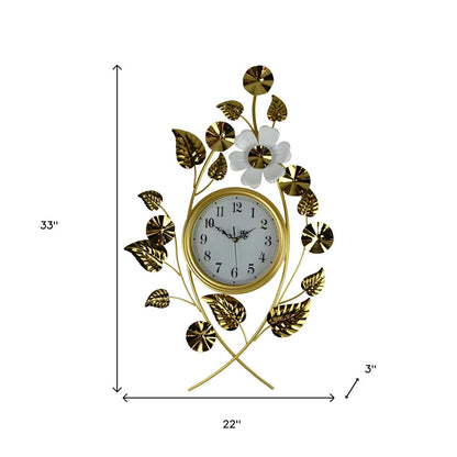 22" Gold And White Iron Silent Analog Floral Novelty Wall Clock HomeRoots