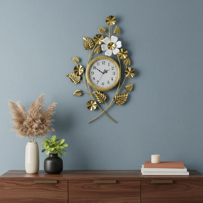 22" Gold And White Iron Silent Analog Floral Novelty Wall Clock HomeRoots