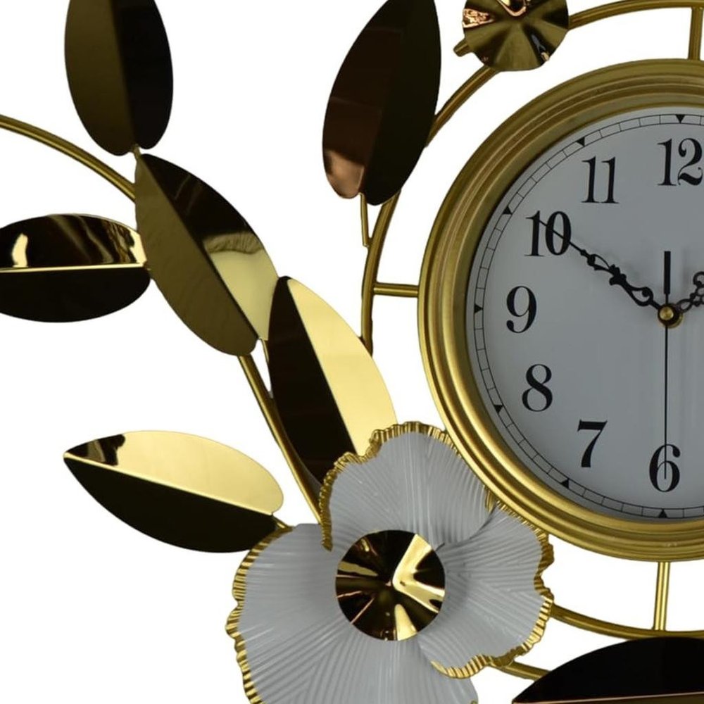 40" Gold And White Metal Silent Analog Floral Novelty Wall Clock HomeRoots