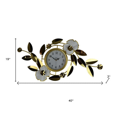 40" Gold And White Metal Silent Analog Floral Novelty Wall Clock HomeRoots