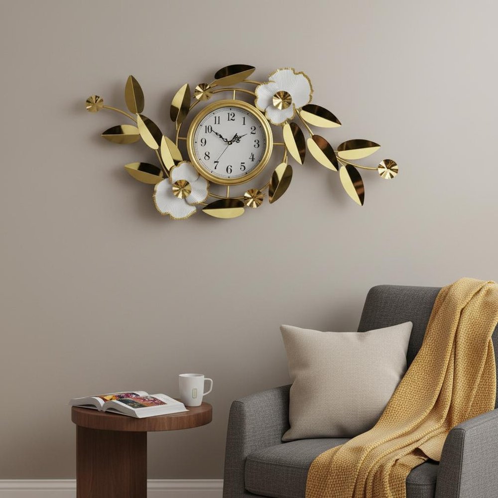 40" Gold And White Metal Silent Analog Floral Novelty Wall Clock HomeRoots