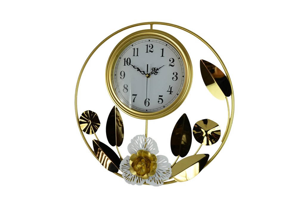 20" Gold And White Iron Silent Analog Floral Round Wall Clock — view 1