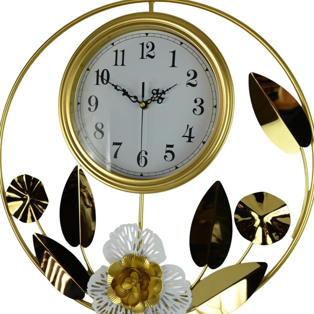 20" Gold And White Iron Silent Analog Floral Round Wall Clock HomeRoots
