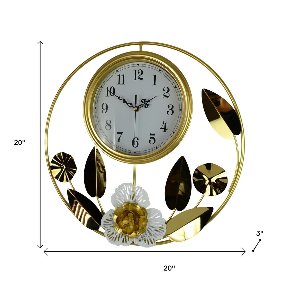 20" Gold And White Metal Silent Analog Floral Round Wall Clock HomeRoots
