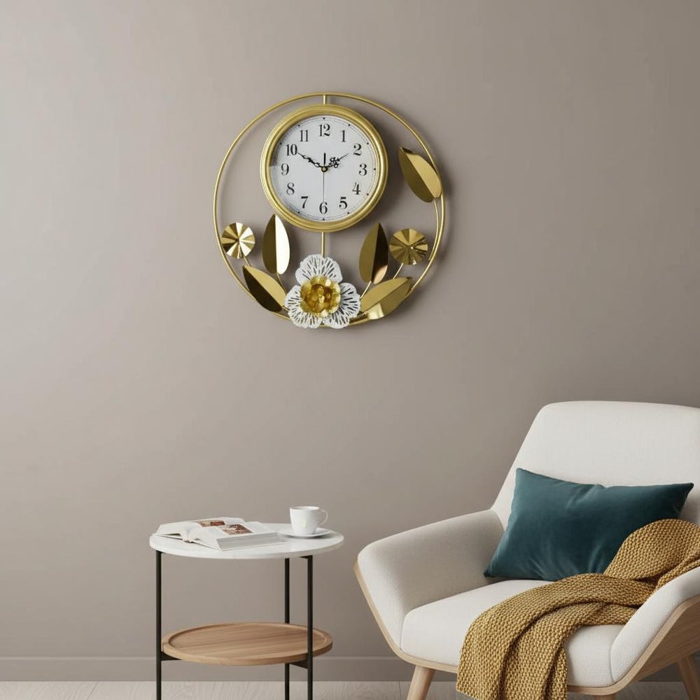 20" Gold And White Iron Silent Analog Floral Round Wall Clock HomeRoots