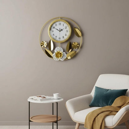 20" Gold And White Iron Silent Analog Floral Round Wall Clock HomeRoots