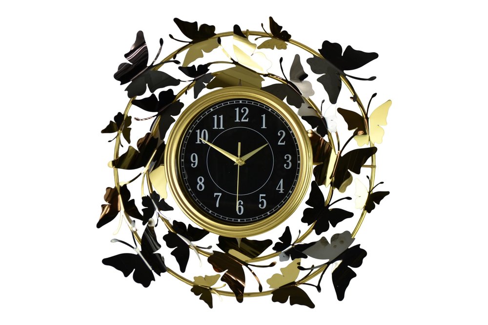 22" Gold Silver And Black Iron Silent Analog Butterfly Round Wall Clock — view 1