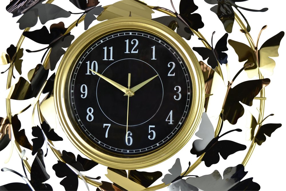 22" Gold Silver And Black Iron Silent Analog Butterfly Round Wall Clock — view 2