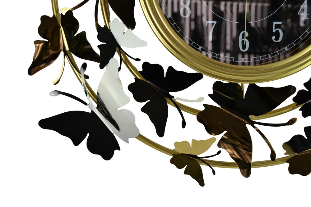 22" Gold Silver And Black Metal Silent Analog Butterfly Round Wall Clock HomeRoots