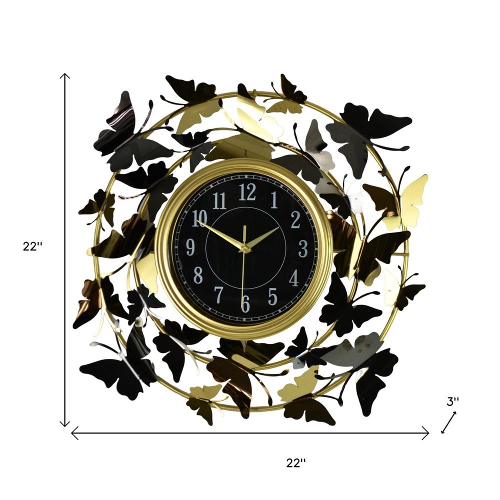 22" Gold Silver And Black Iron Silent Analog Butterfly Round Wall Clock — view 6
