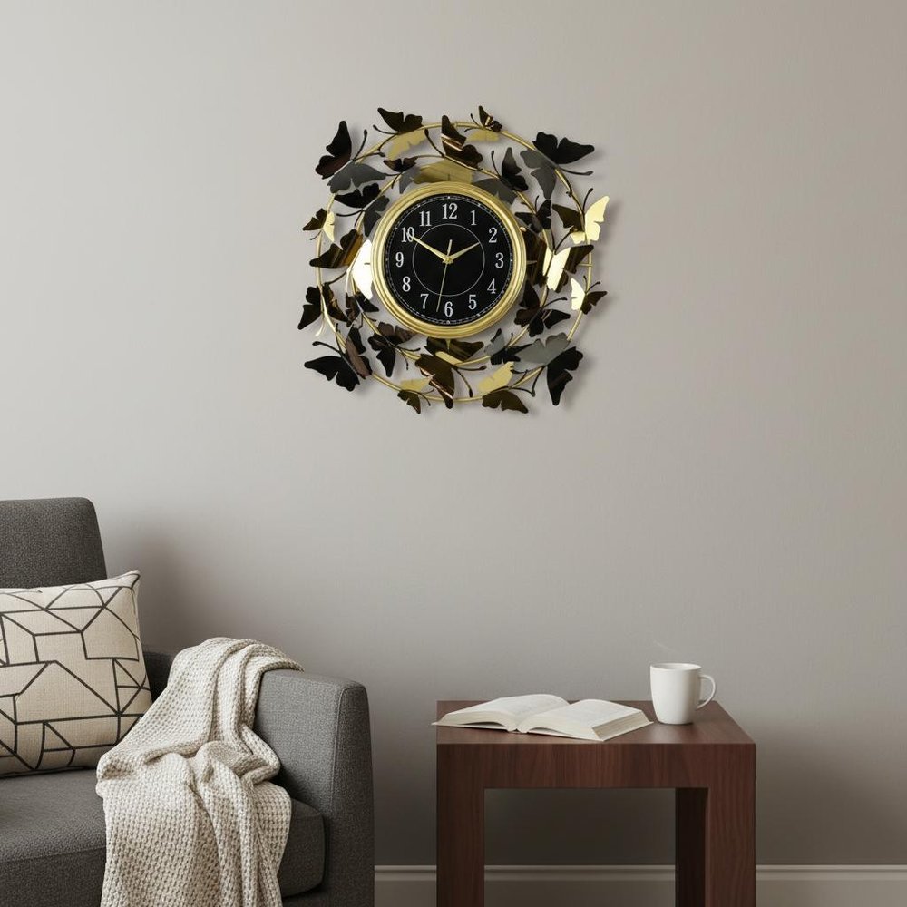 22" Gold Silver And Black Iron Silent Analog Butterfly Round Wall Clock — view 7