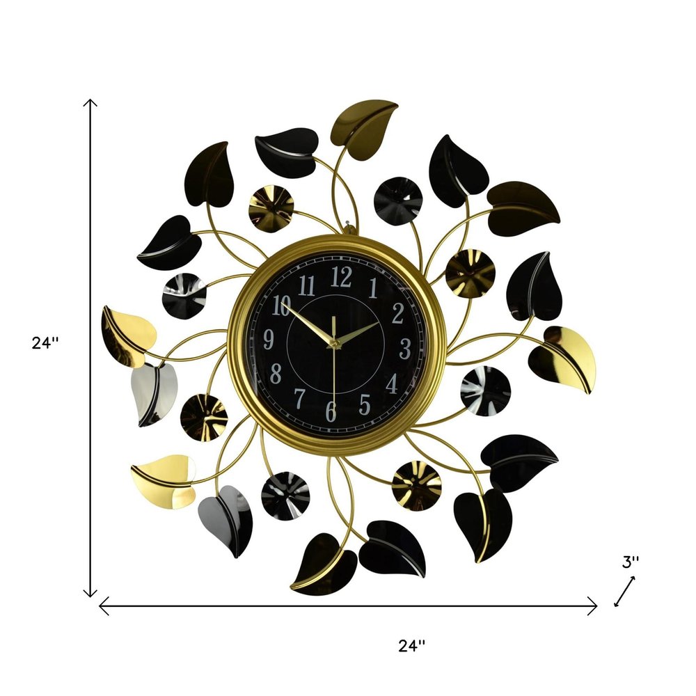 24" Gold Black And Silver Metal Silent Analog Floral Round Wall Clock HomeRoots