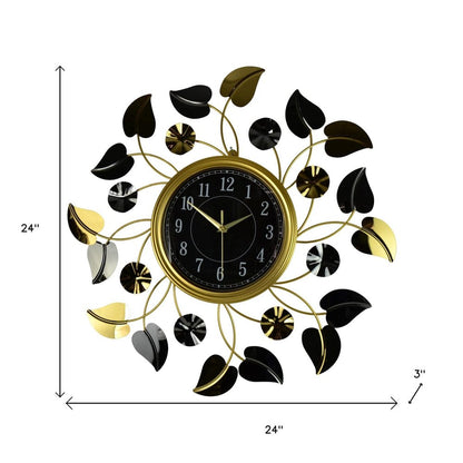 24" Gold Black And Silver Metal Silent Analog Floral Round Wall Clock HomeRoots