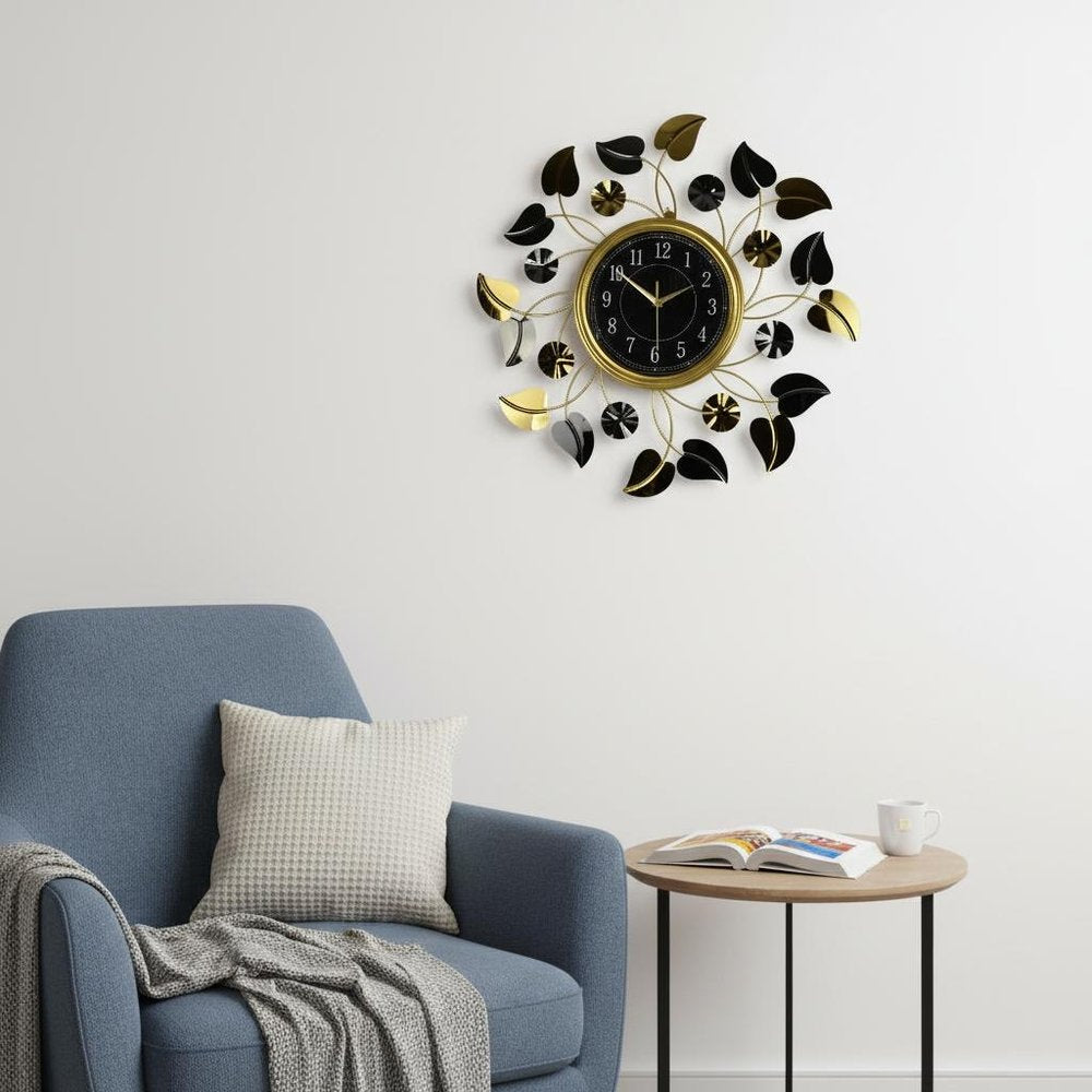 24" Gold Black And Silver Iron Silent Analog Floral Round Wall Clock HomeRoots