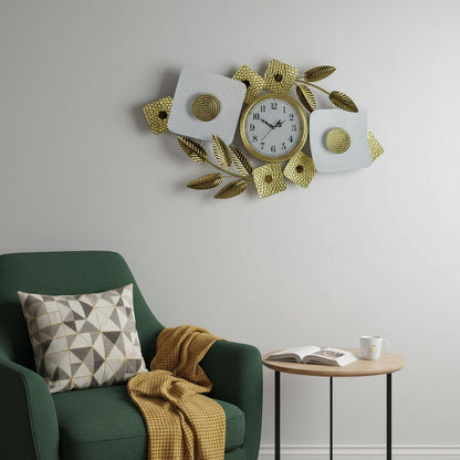 37" Gold And White Metal Silent Analog Floral Oval Wall Clock HomeRoots