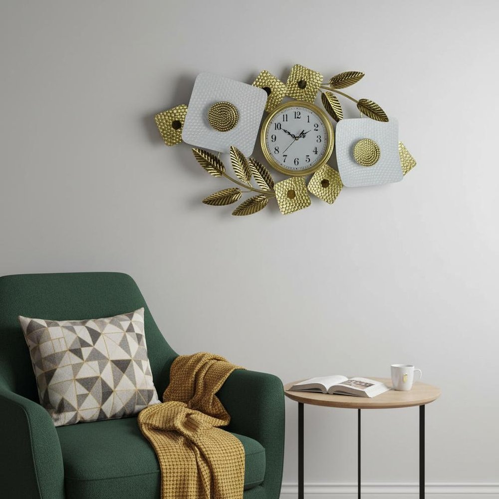 37" Gold And White Metal Silent Analog Floral Oval Wall Clock HomeRoots