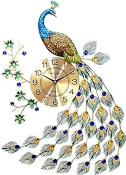 31" Blue Green And Gold Metal Silent Analog Peacock Novelty Wall Clock HomeRoots