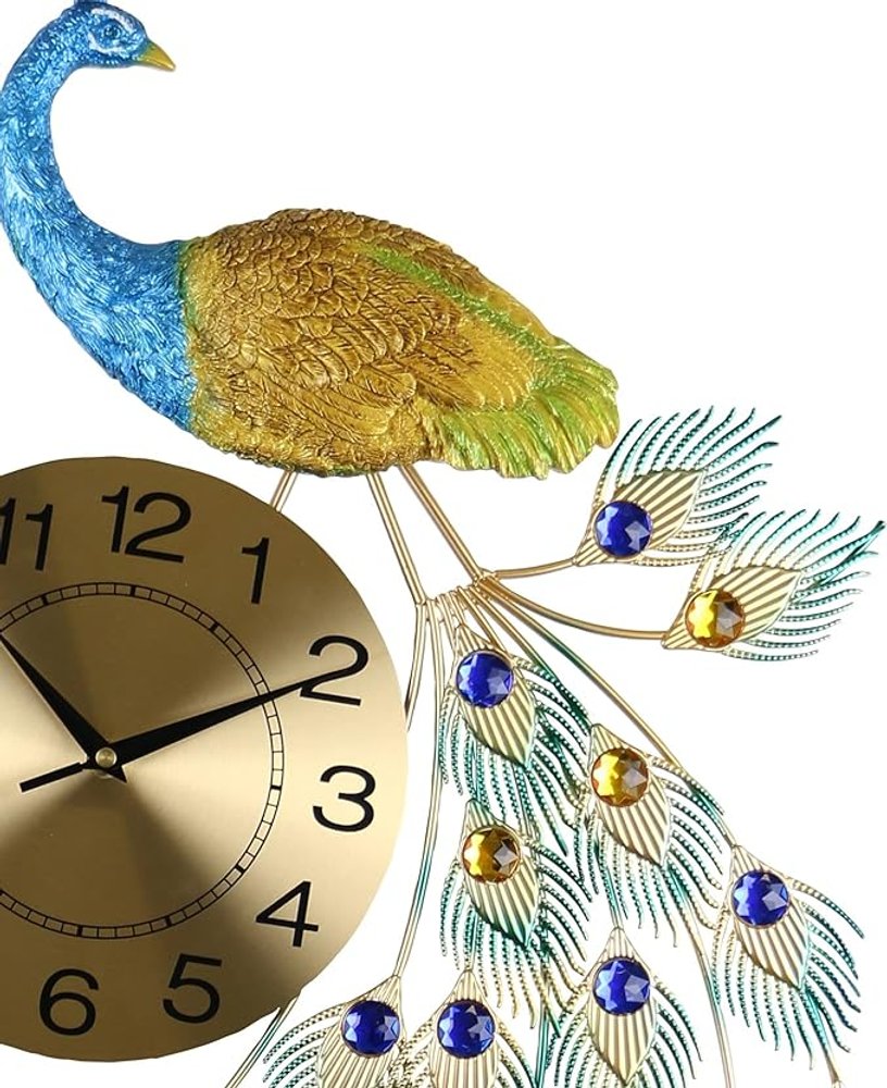 31" Blue Green And Gold Metal Silent Analog Peacock Novelty Wall Clock HomeRoots